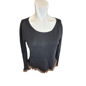 Bloomingdale's Vintage Mink Trim Silk Cashmere Sweater Scoop Neckline Black S/M